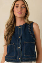 Women's Ties That Bind Dark Wash Cotton Denim Braided Trim Vest | 100% Cotton 1