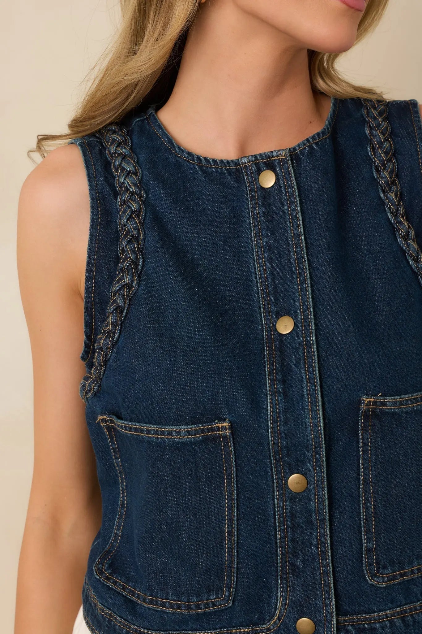 Women's Ties That Bind Dark Wash Cotton Denim Braided Trim Vest | 100% Cotton 4