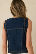 Women's Ties That Bind Dark Wash Cotton Denim Braided Trim Vest | 100% Cotton 5