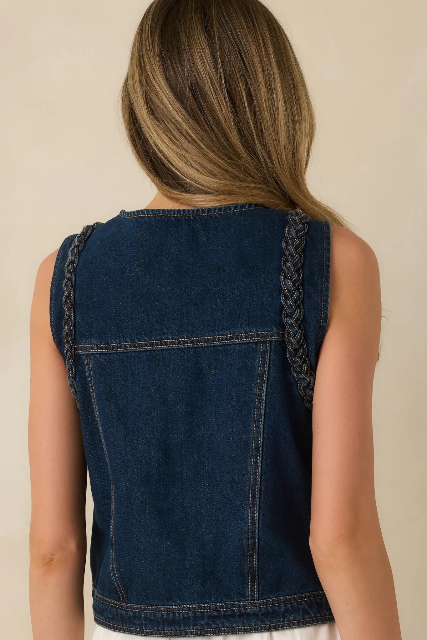 Women's Ties That Bind Dark Wash Cotton Denim Braided Trim Vest | 100% Cotton 5