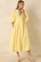 Women's To Be Fair Daffodil Yellow Blouson Sleeve Zip Up Midi Dress | 80% Polyester & 20% Cotton 3