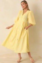 Women's To Be Fair Daffodil Yellow Blouson Sleeve Zip Up Midi Dress | 80% Polyester & 20% Cotton 5