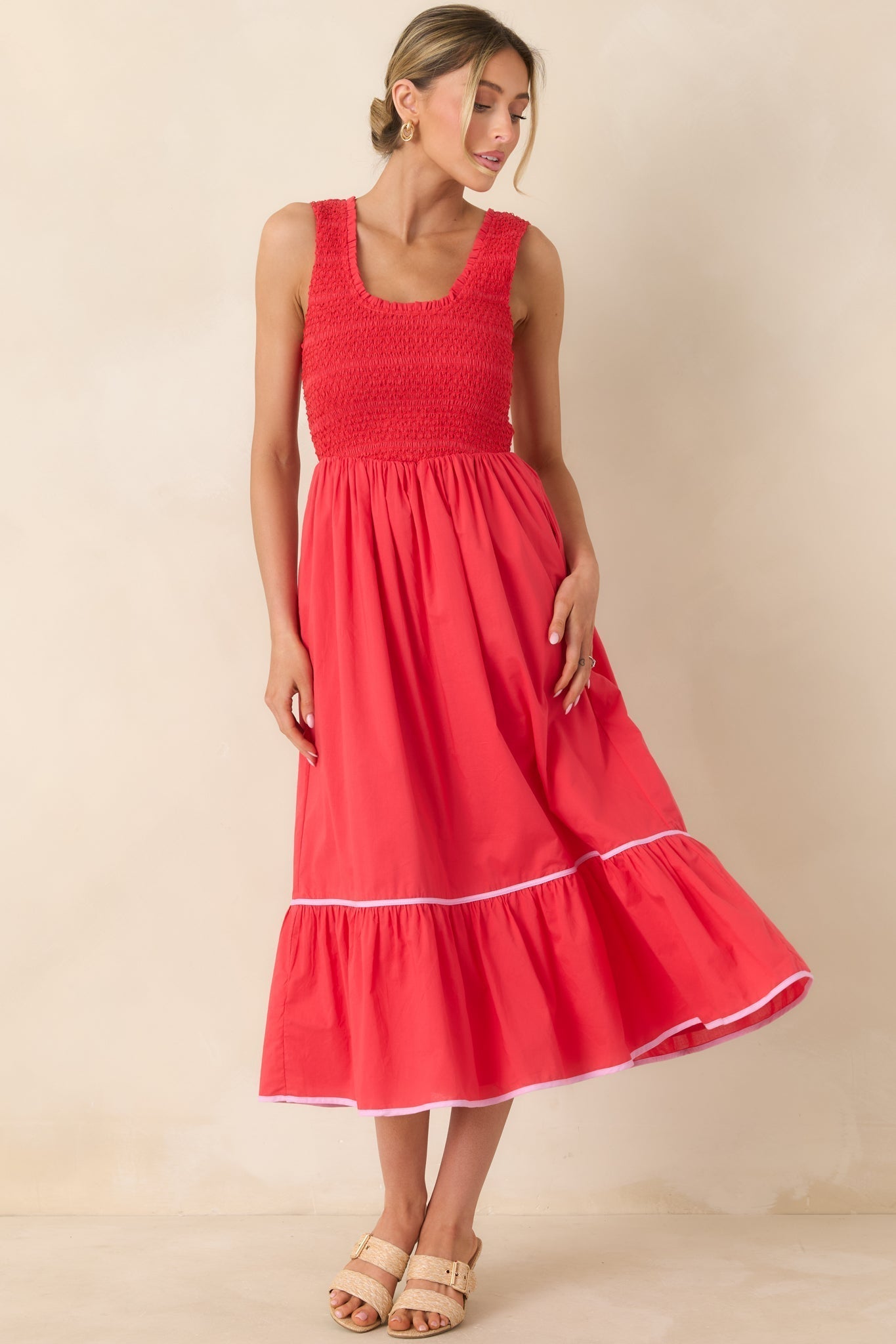 Women's Today’s the Day Red Textured Cotton Tiered Midi Dress | 100% Cotton Contrast: 100% Cotton 0