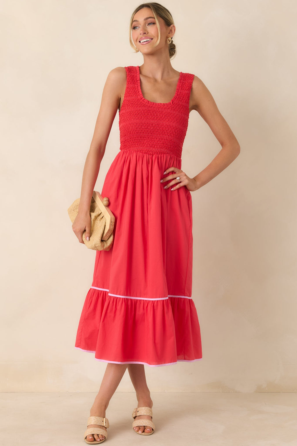 Women's Today’s the Day Red Textured Cotton Tiered Midi Dress | 100% Cotton Contrast: 100% Cotton 1