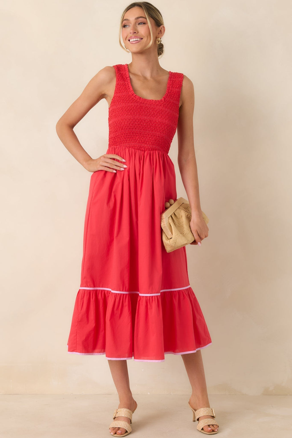Women's Today’s the Day Red Textured Cotton Tiered Midi Dress | 100% Cotton Contrast: 100% Cotton 3