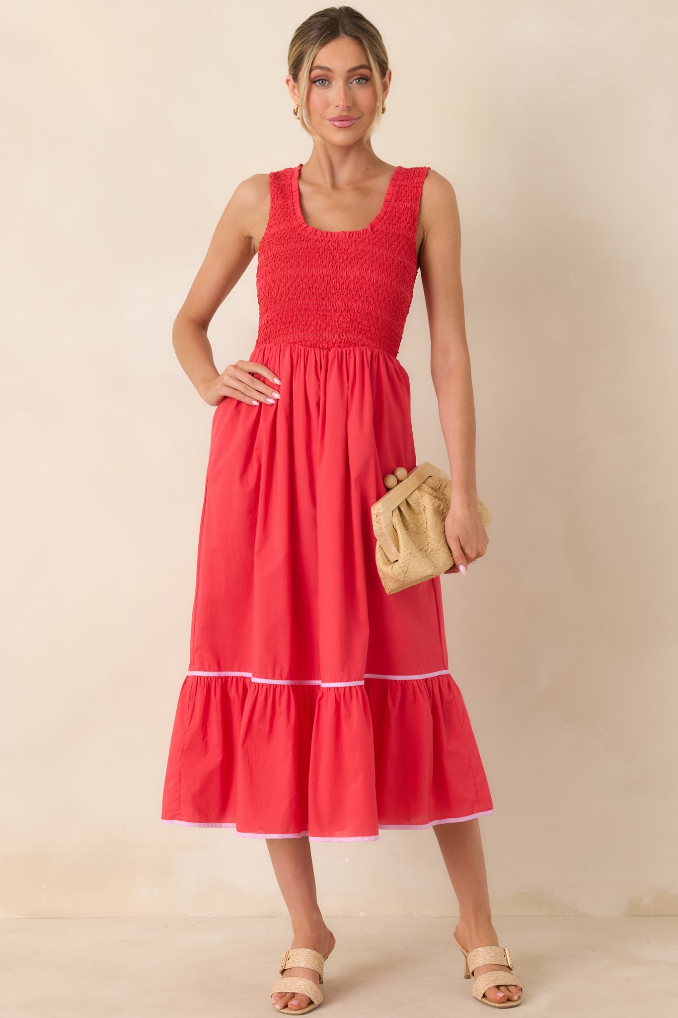 Women's Today’s the Day Red Textured Cotton Tiered Midi Dress | 100% Cotton Contrast: 100% Cotton 4