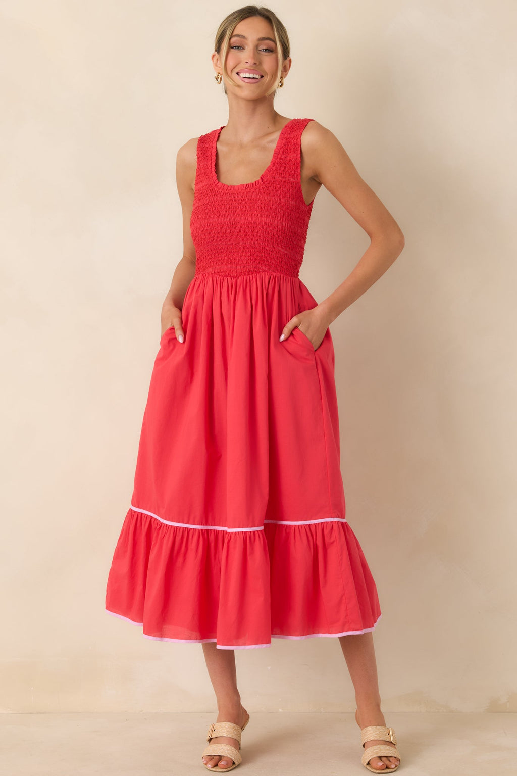 Women's Today’s the Day Red Textured Cotton Tiered Midi Dress | 100% Cotton Contrast: 100% Cotton 5