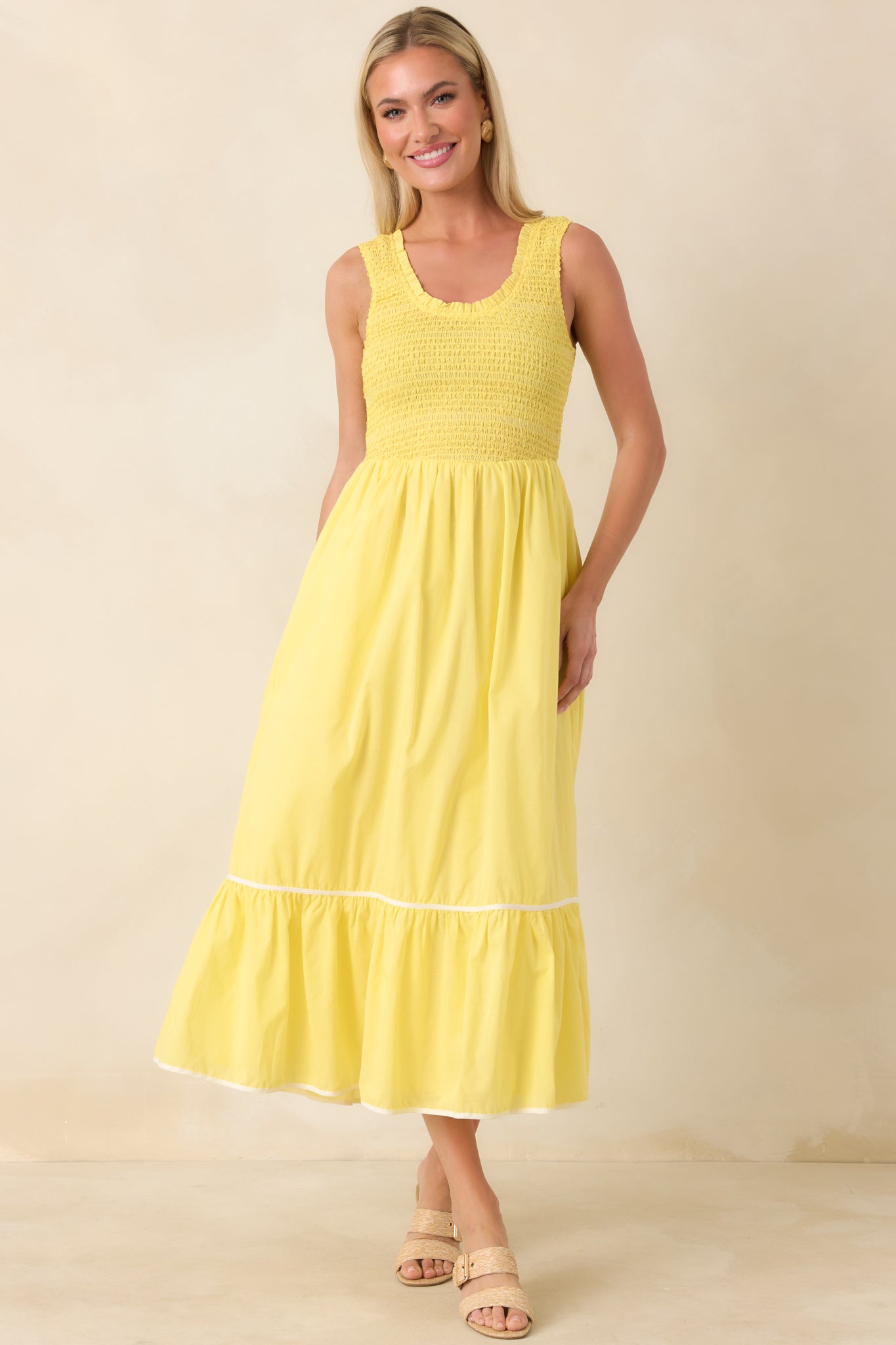 Women's Today’s the Day Yellow Textured Cotton Tiered Midi Dress | 100% Cotton Contrast: 100% Cotton 0