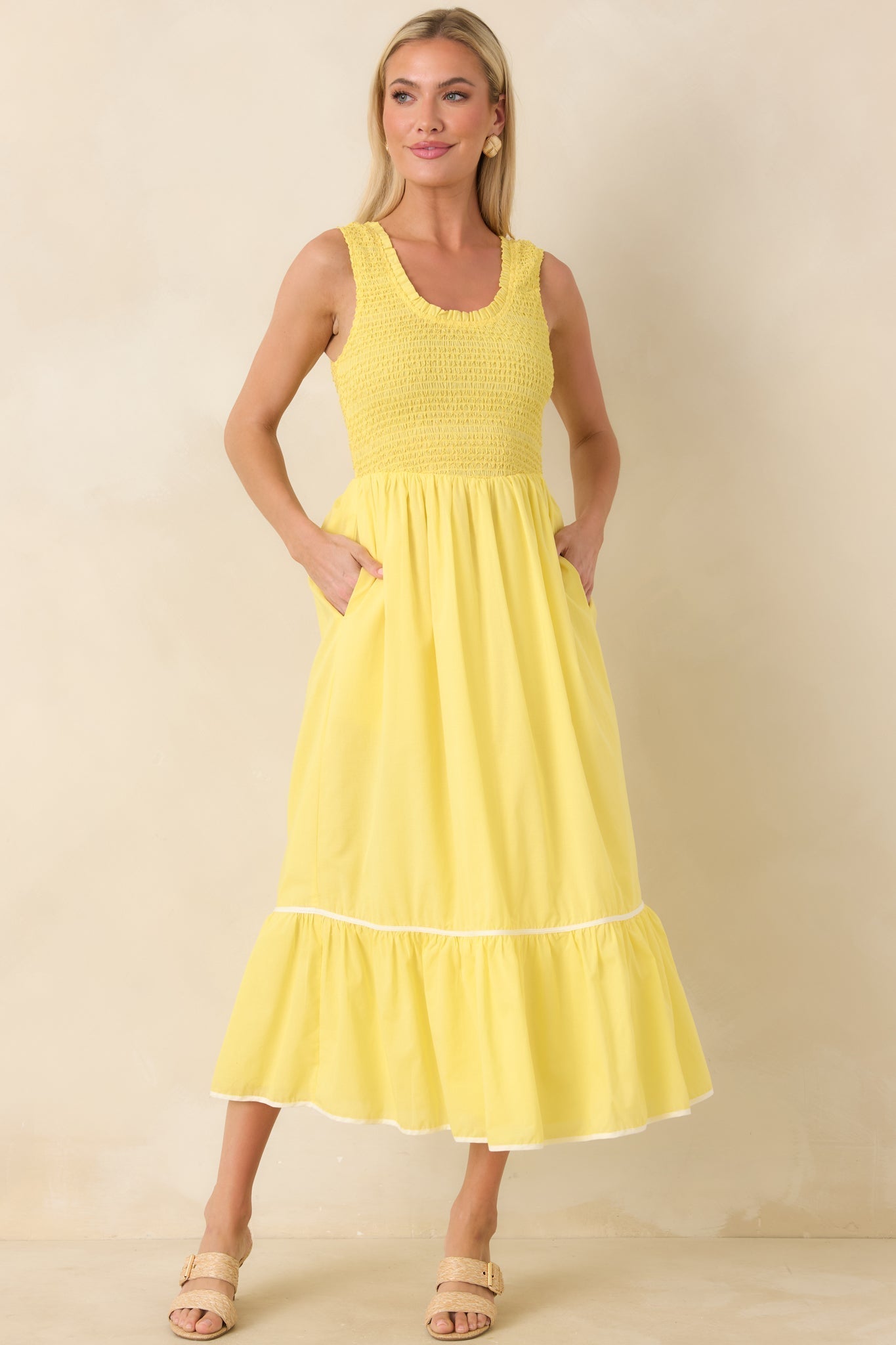 Women's Today’s the Day Yellow Textured Cotton Tiered Midi Dress | 100% Cotton Contrast: 100% Cotton 2