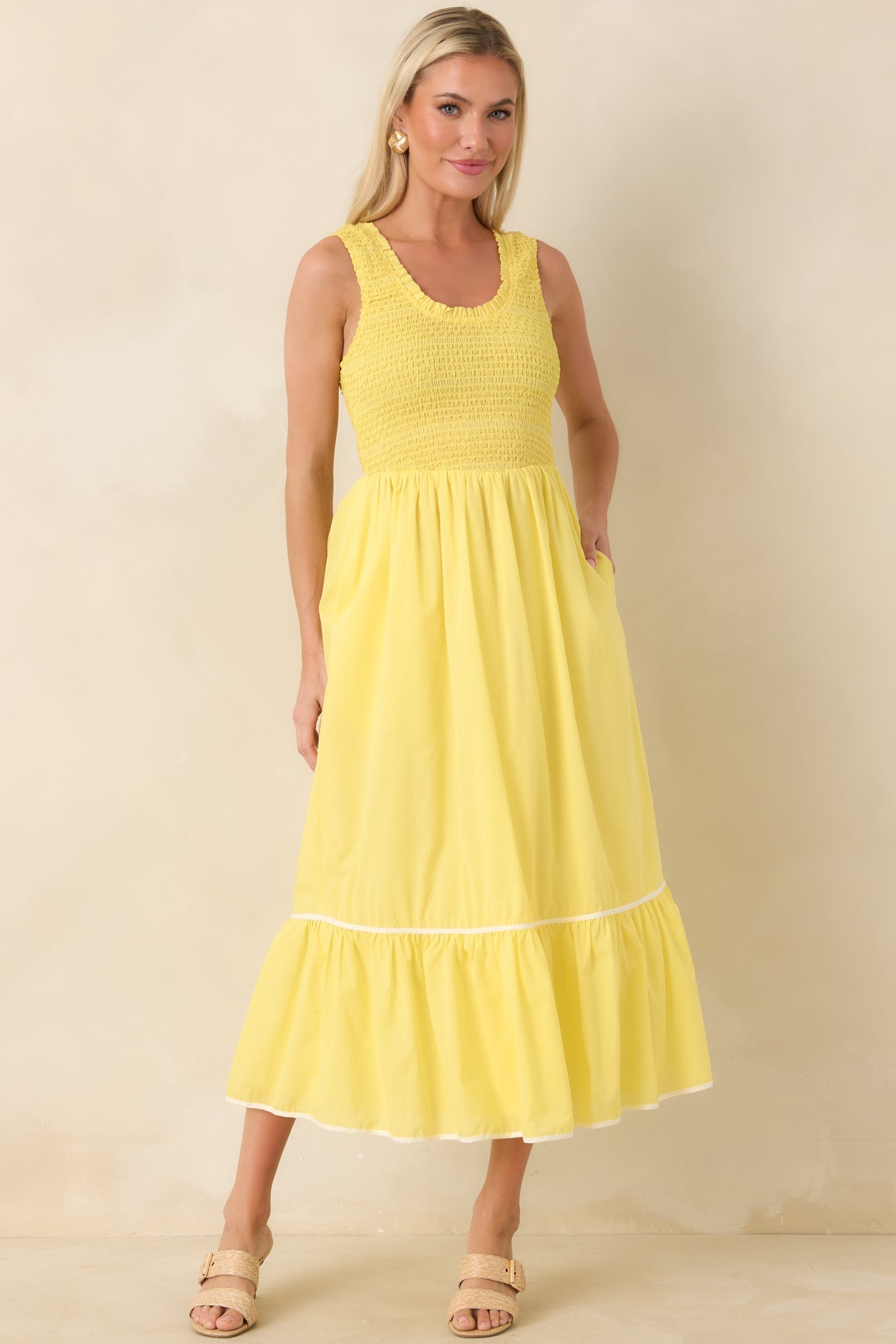 Women's Today’s the Day Yellow Textured Cotton Tiered Midi Dress | 100% Cotton Contrast: 100% Cotton 3