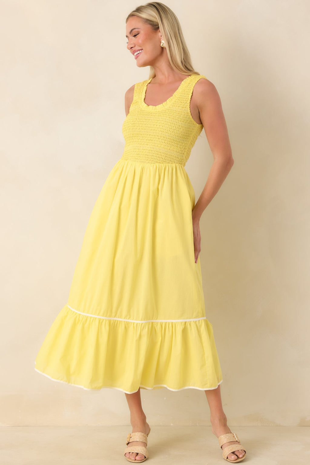 Women's Today’s the Day Yellow Textured Cotton Tiered Midi Dress | 100% Cotton Contrast: 100% Cotton 4