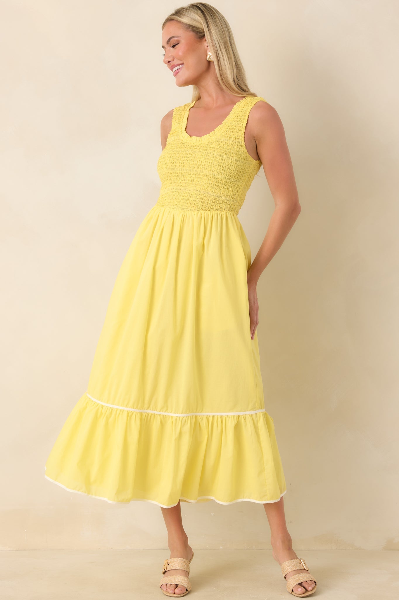 Women's Today’s the Day Yellow Textured Cotton Tiered Midi Dress | 100% Cotton Contrast: 100% Cotton 4