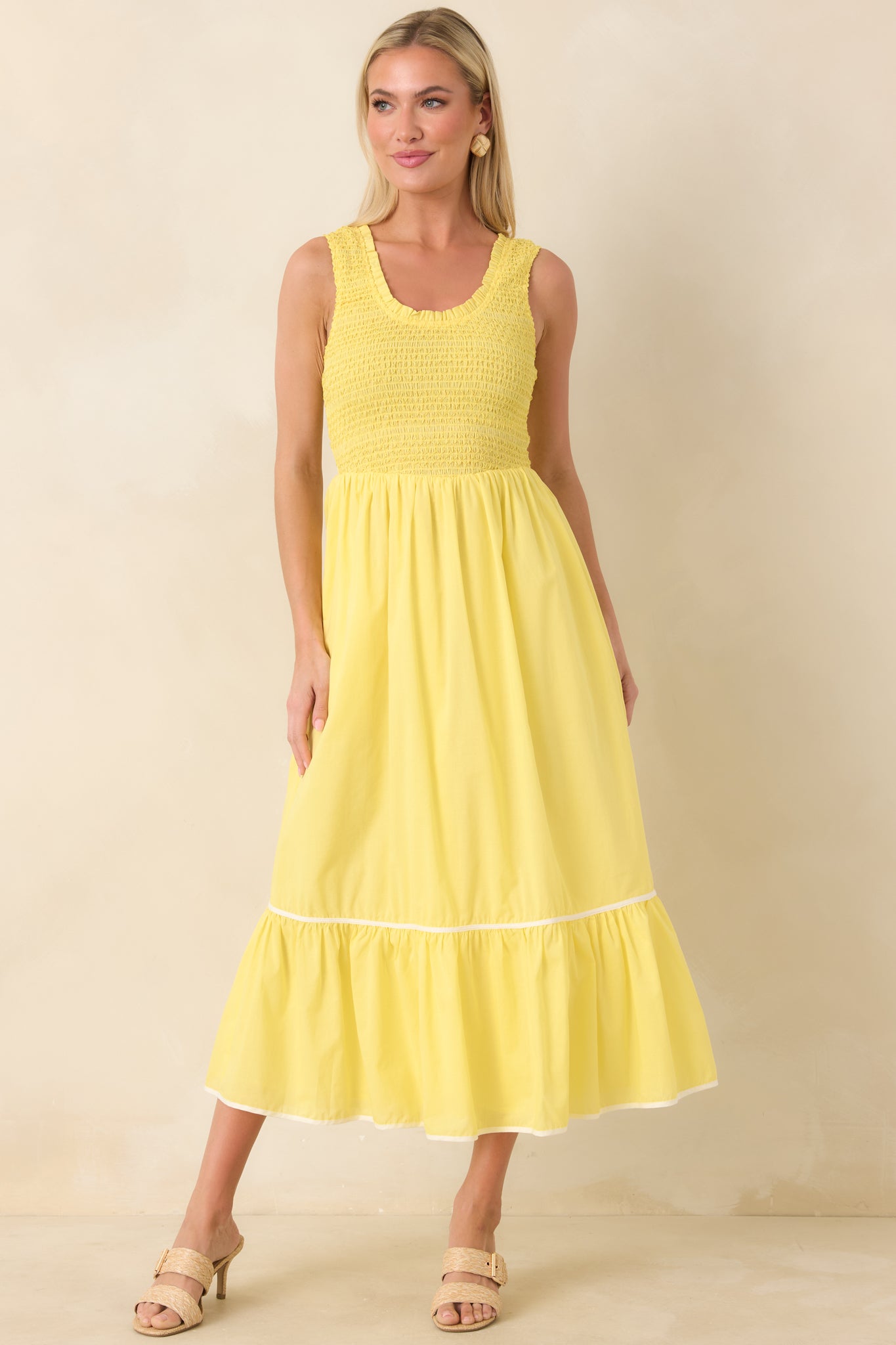 Women's Today’s the Day Yellow Textured Cotton Tiered Midi Dress | 100% Cotton Contrast: 100% Cotton 5