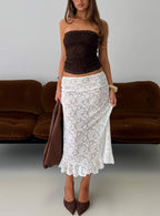 Women's Toscani Lace Frill Midi Skirt White | Lace midi skirt with frill detail 0