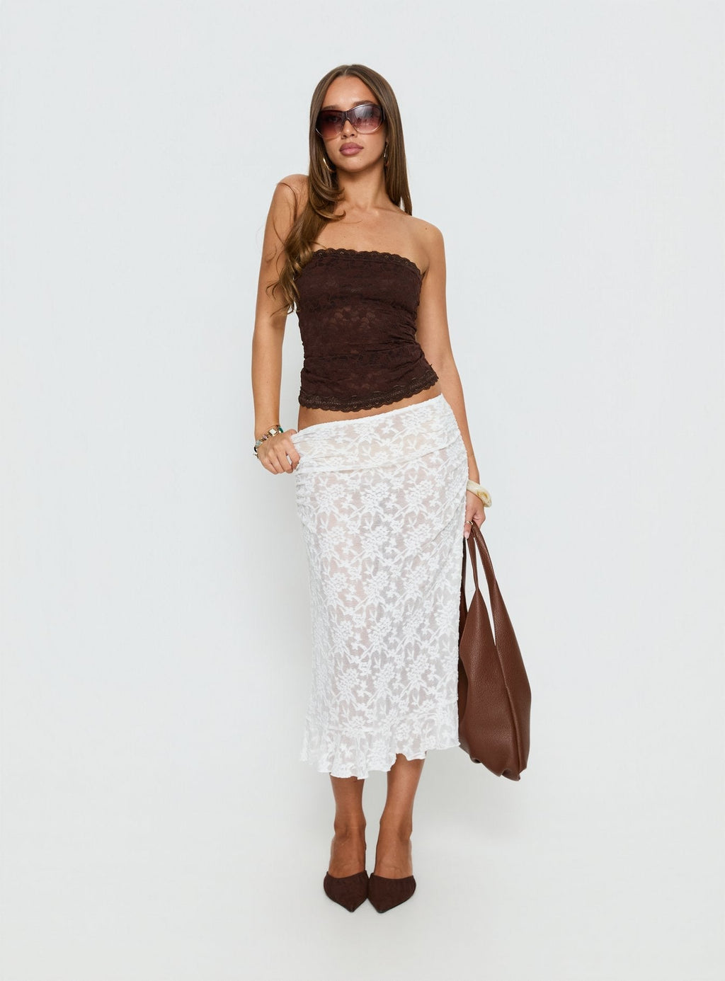 Women's Toscani Lace Frill Midi Skirt White | Lace midi skirt with frill detail 1