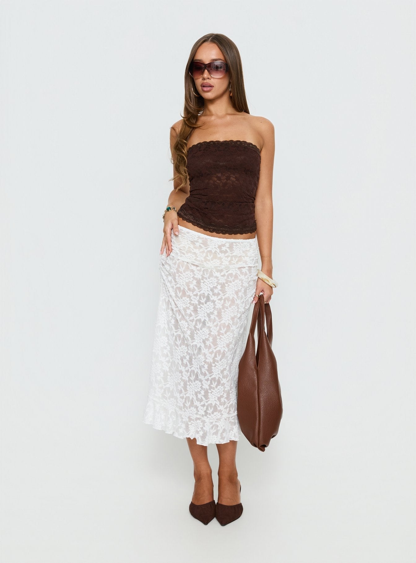 Women's Toscani Lace Frill Midi Skirt White | Lace midi skirt with frill detail 2