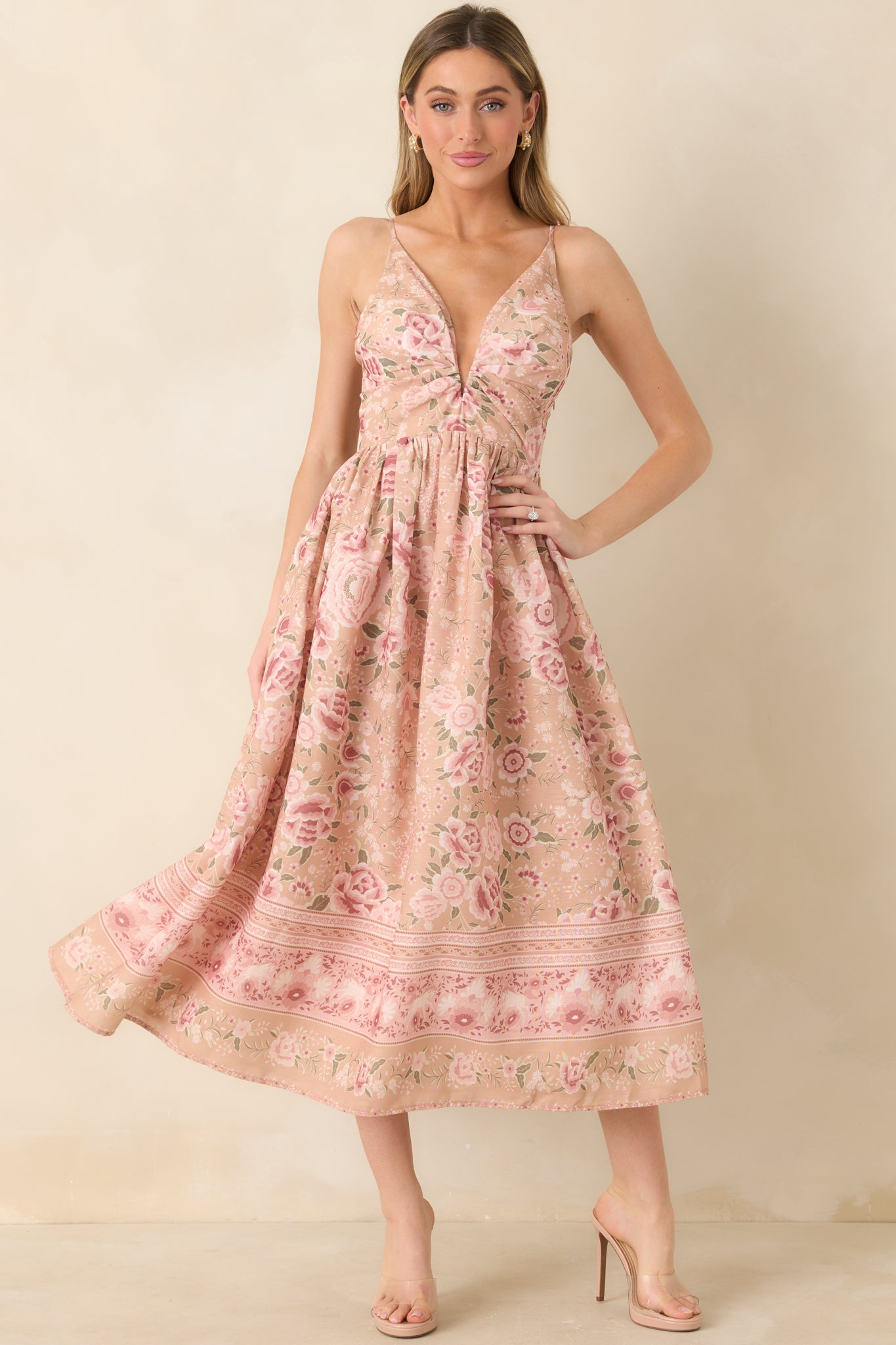 Women's Totally in Love Beige & Pink Floral Deep V-Neck Midi Dress | 100% Polyester 0
