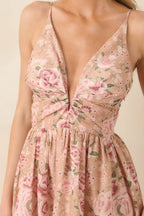 Women's Totally in Love Beige & Pink Floral Deep V-Neck Midi Dress | 100% Polyester 1