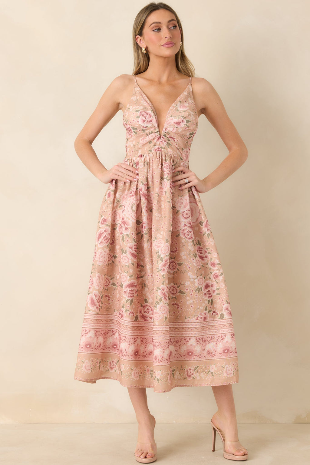 Women's Totally in Love Beige & Pink Floral Deep V-Neck Midi Dress | 100% Polyester 2