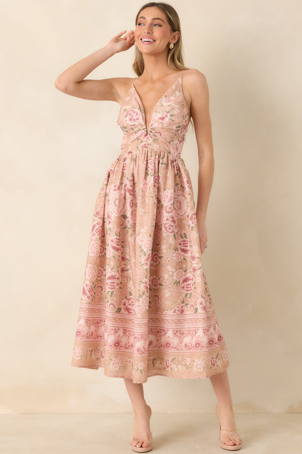 Women's Totally in Love Beige & Pink Floral Deep V-Neck Midi Dress | 100% Polyester 3