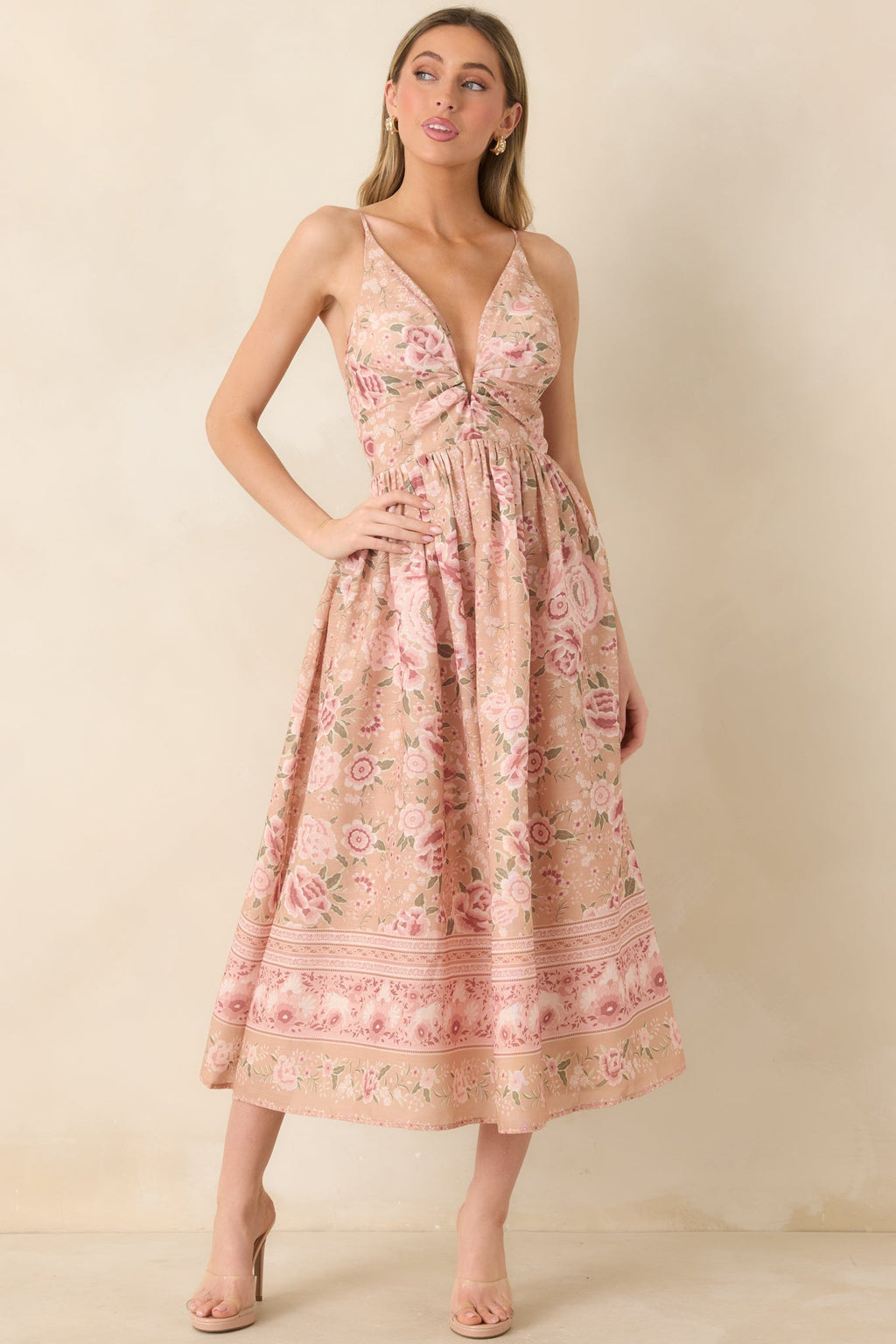 Women's Totally in Love Beige & Pink Floral Deep V-Neck Midi Dress | 100% Polyester 4
