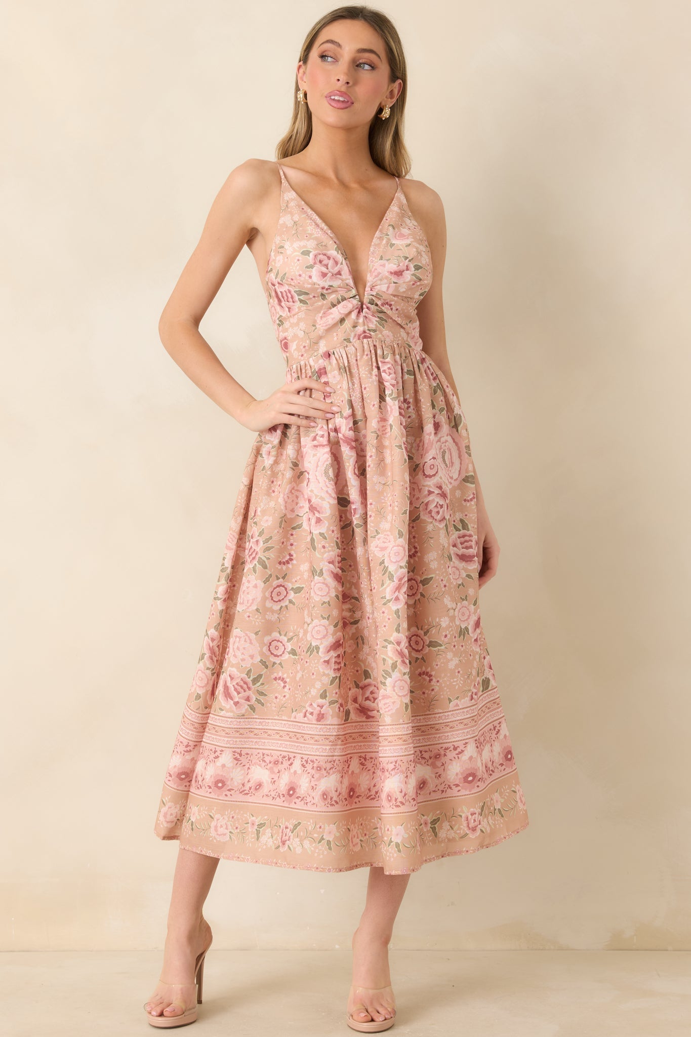 Women's Totally in Love Beige & Pink Floral Deep V-Neck Midi Dress | 100% Polyester 4