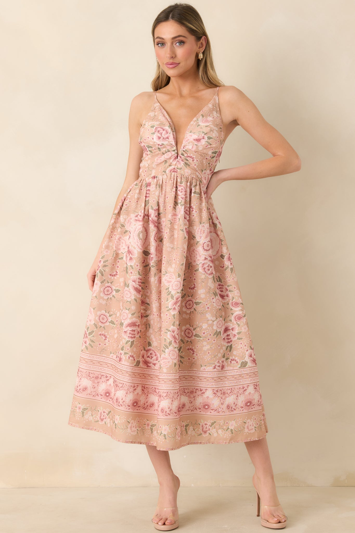 Women's Totally in Love Beige & Pink Floral Deep V-Neck Midi Dress | 100% Polyester 5