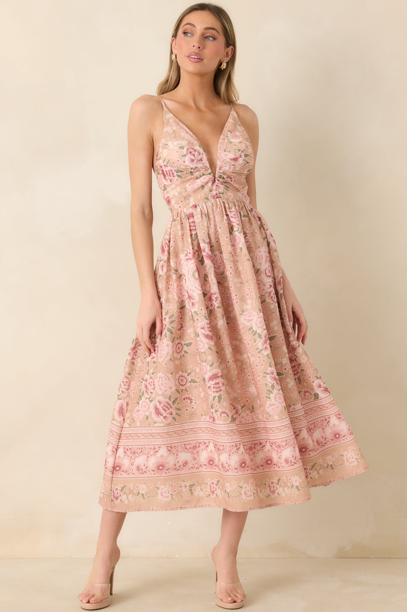 Women's Totally in Love Beige & Pink Floral Deep V-Neck Midi Dress | 100% Polyester 6