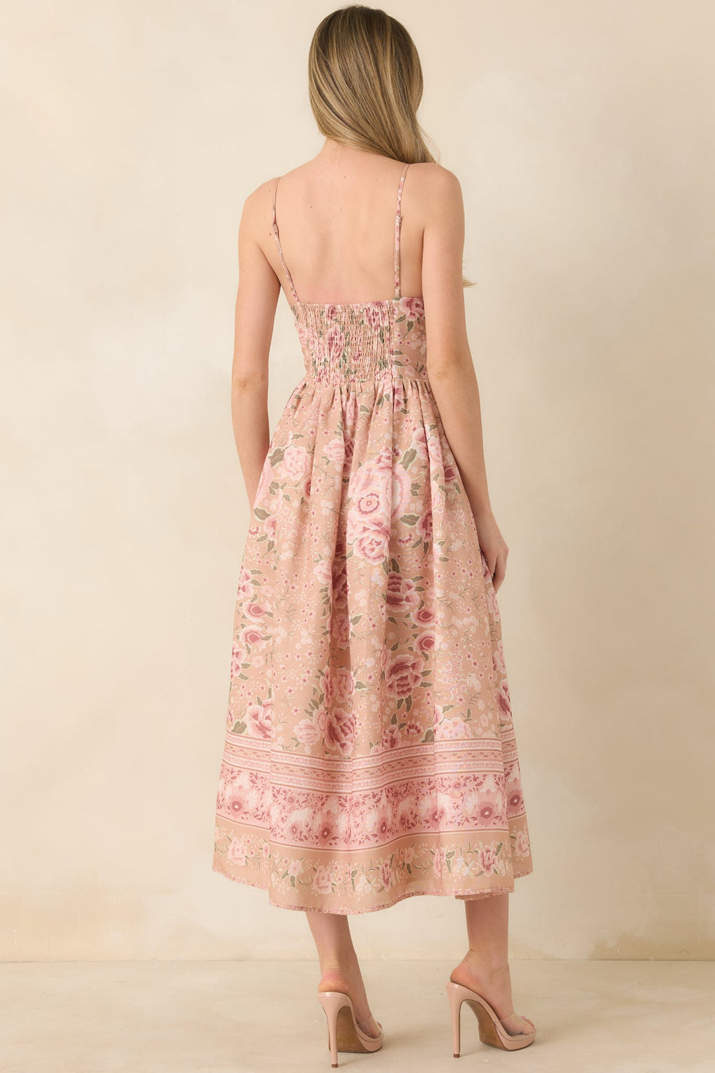 Women's Totally in Love Beige & Pink Floral Deep V-Neck Midi Dress | 100% Polyester 7