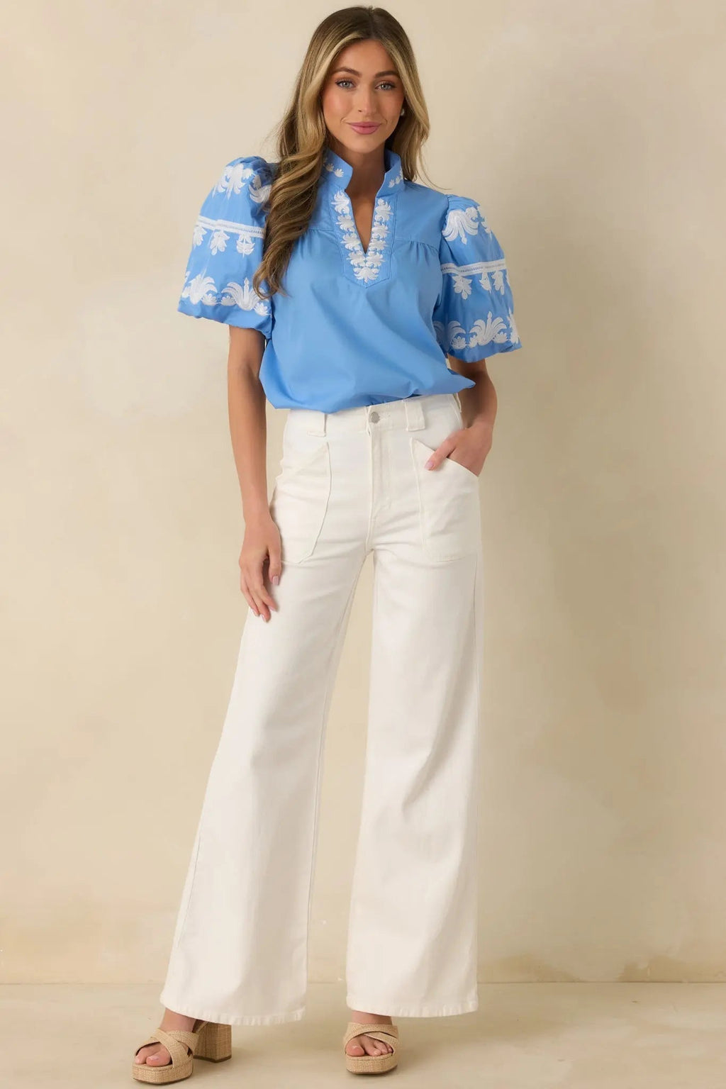 Women's True to You Blue Embroidered Detail Puff Sleeve V-Neck Top | 65% Polyester & 35% Cotton 0
