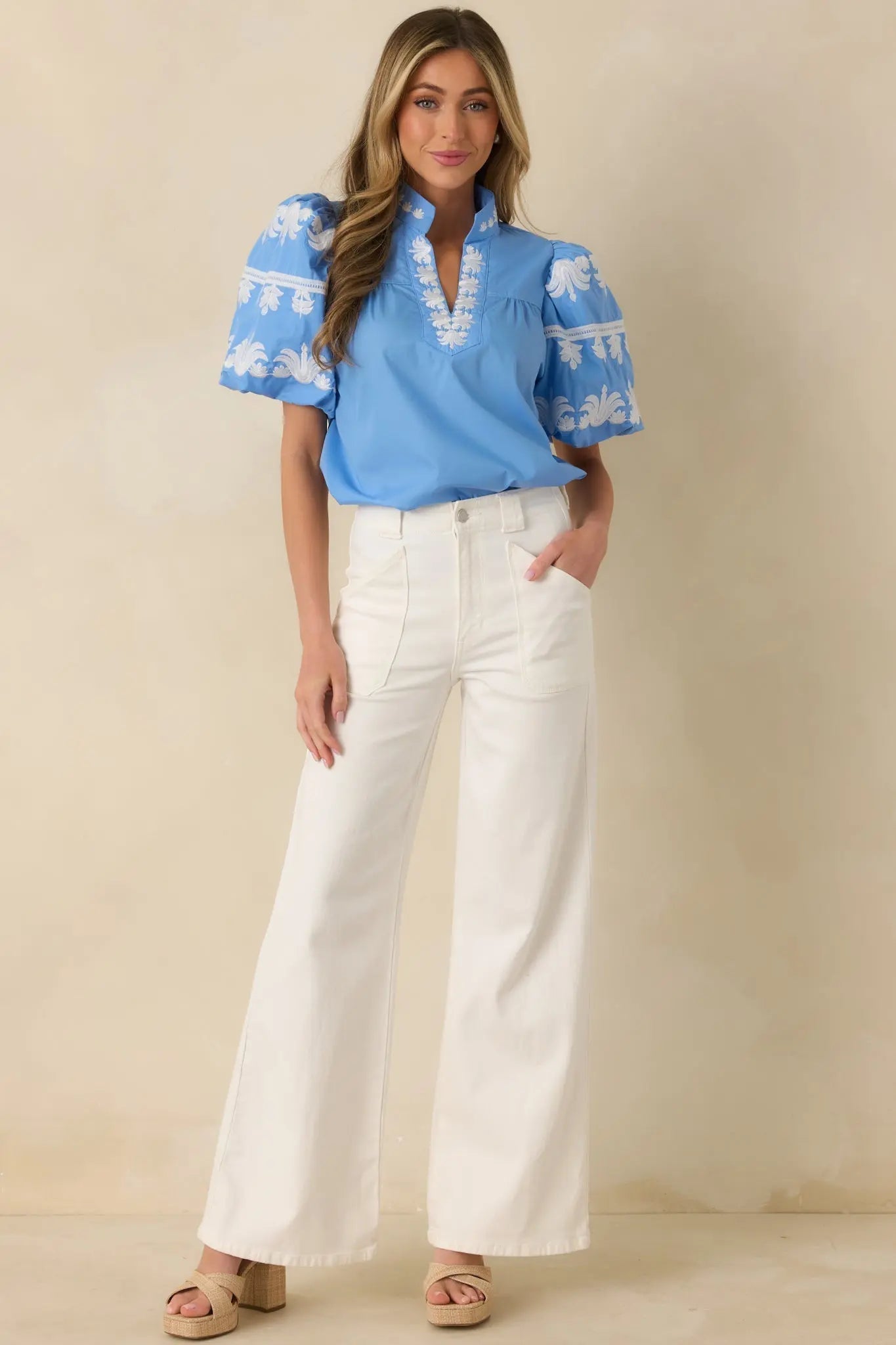 Women's True to You Blue Embroidered Detail Puff Sleeve V-Neck Top | 65% Polyester & 35% Cotton 0