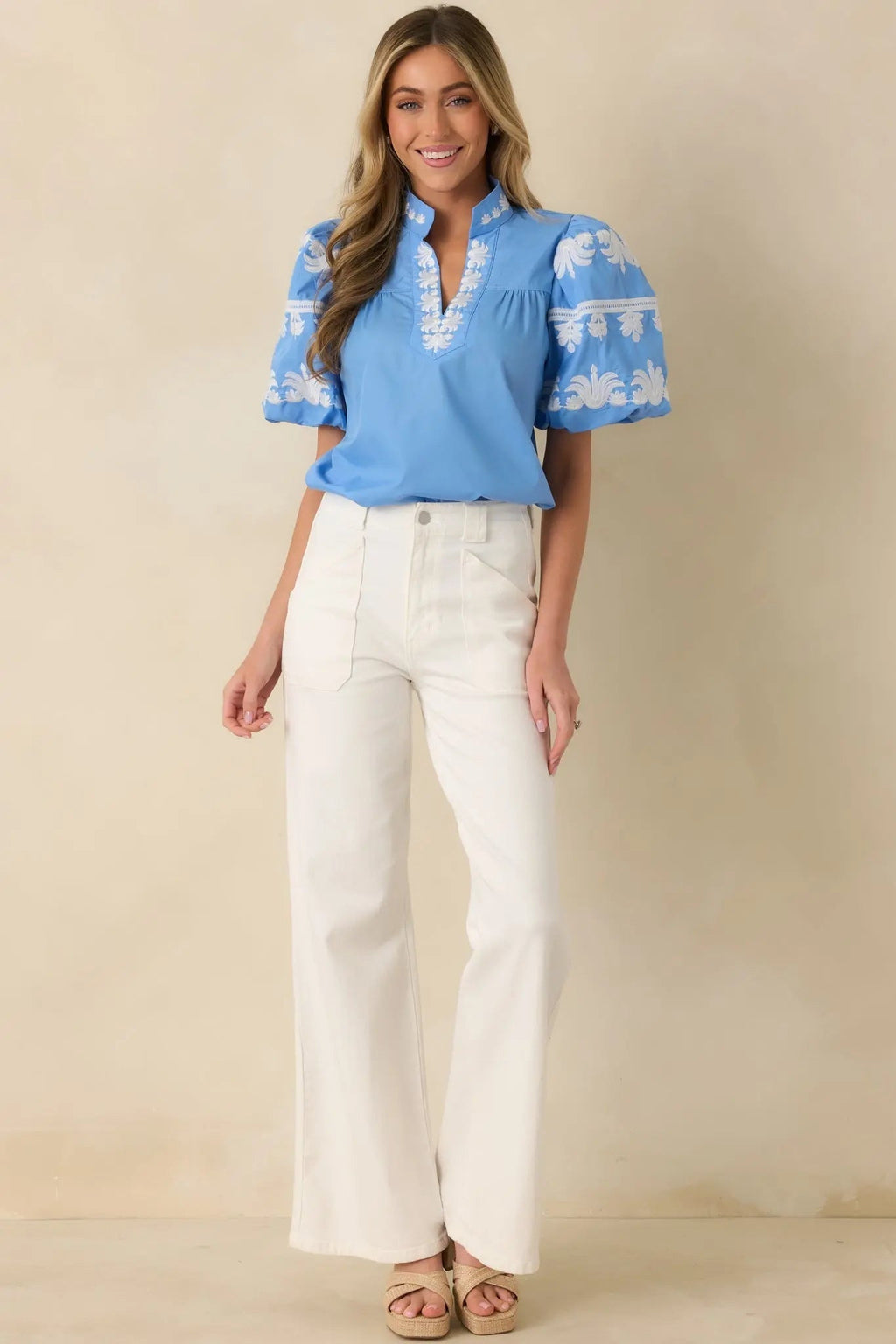 Women's True to You Blue Embroidered Detail Puff Sleeve V-Neck Top | 65% Polyester & 35% Cotton 5