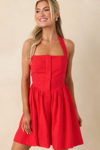 Women's Turning Heads Red Button Down Halter Mini Dress | 70% Cotton & 30% Linen 0