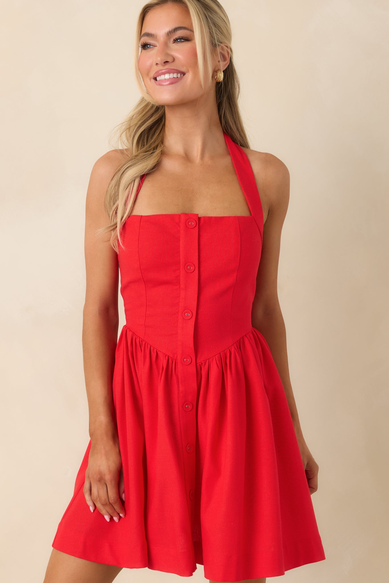 Women's Turning Heads Red Button Down Halter Mini Dress | 70% Cotton & 30% Linen 0