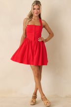 Women's Turning Heads Red Button Down Halter Mini Dress | 70% Cotton & 30% Linen 3