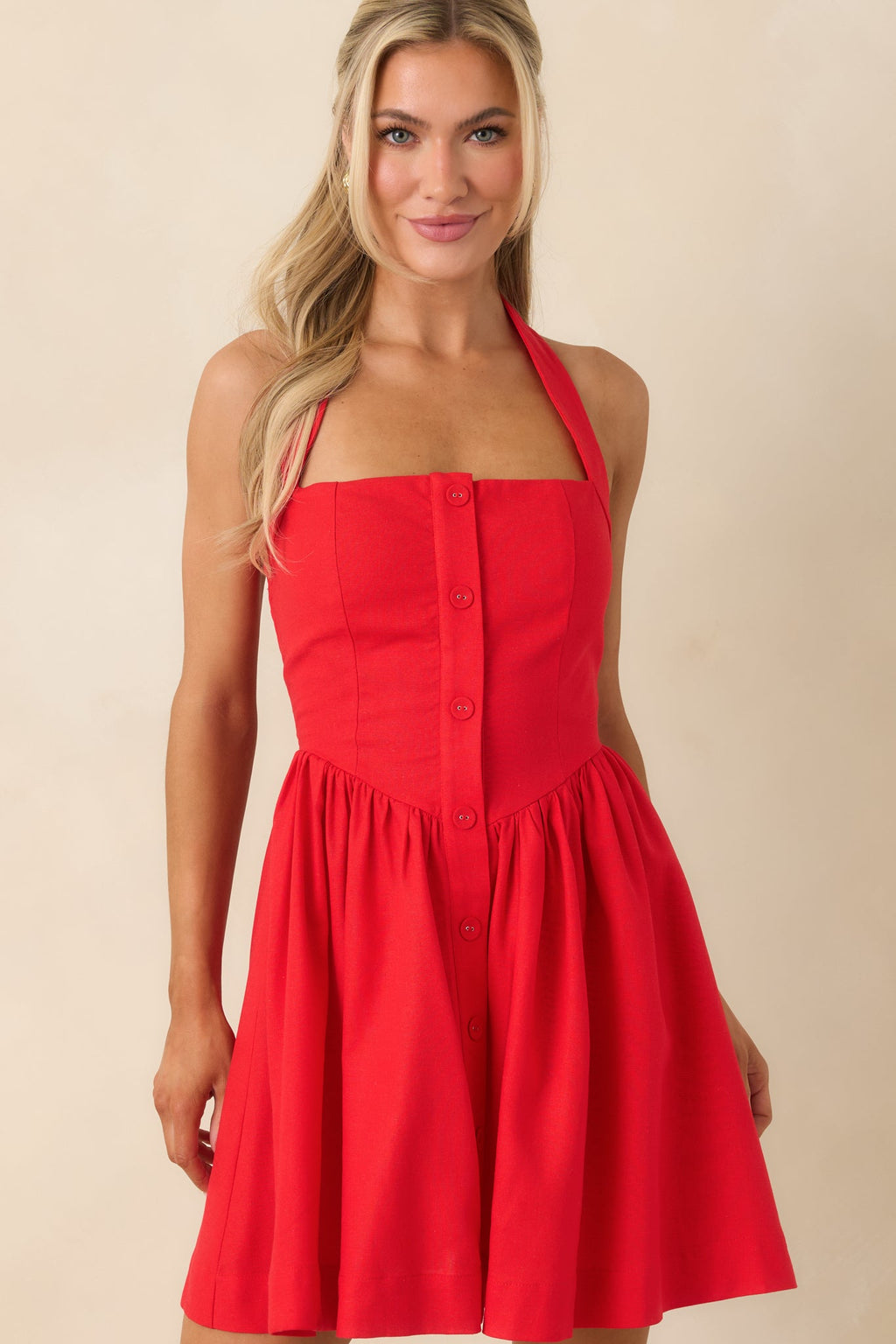 Women's Turning Heads Red Button Down Halter Mini Dress | 70% Cotton & 30% Linen 5