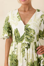 Women's Under Swaying Palms Ivory & Green Tropical Flutter Maxi Dress | 75% Rayon & 25% Linen 1