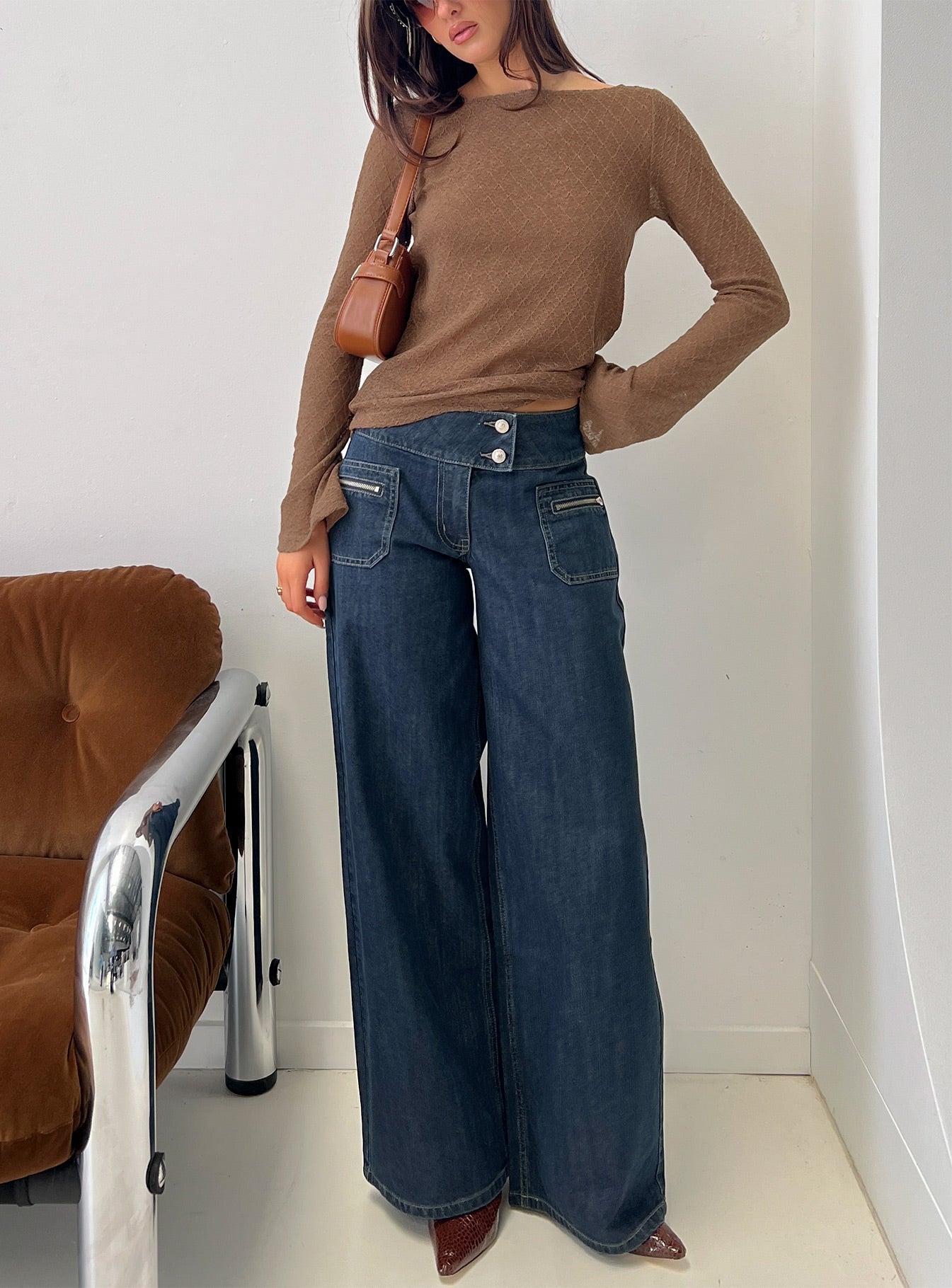 Women's Unwritten Mid Rise Wide Leg Jeans Dark Blue Wash | Jeans in dark blue washed denim with a wide-leg fi 0