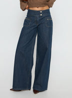 Women's Unwritten Mid Rise Wide Leg Jeans Dark Blue Wash | Jeans in dark blue washed denim with a wide-leg fi 1