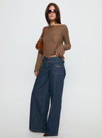Women's Unwritten Mid Rise Wide Leg Jeans Dark Blue Wash | Jeans in dark blue washed denim with a wide-leg fi 3