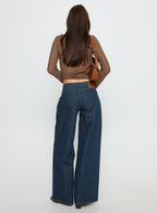 Women's Unwritten Mid Rise Wide Leg Jeans Dark Blue Wash | Jeans in dark blue washed denim with a wide-leg fi 4