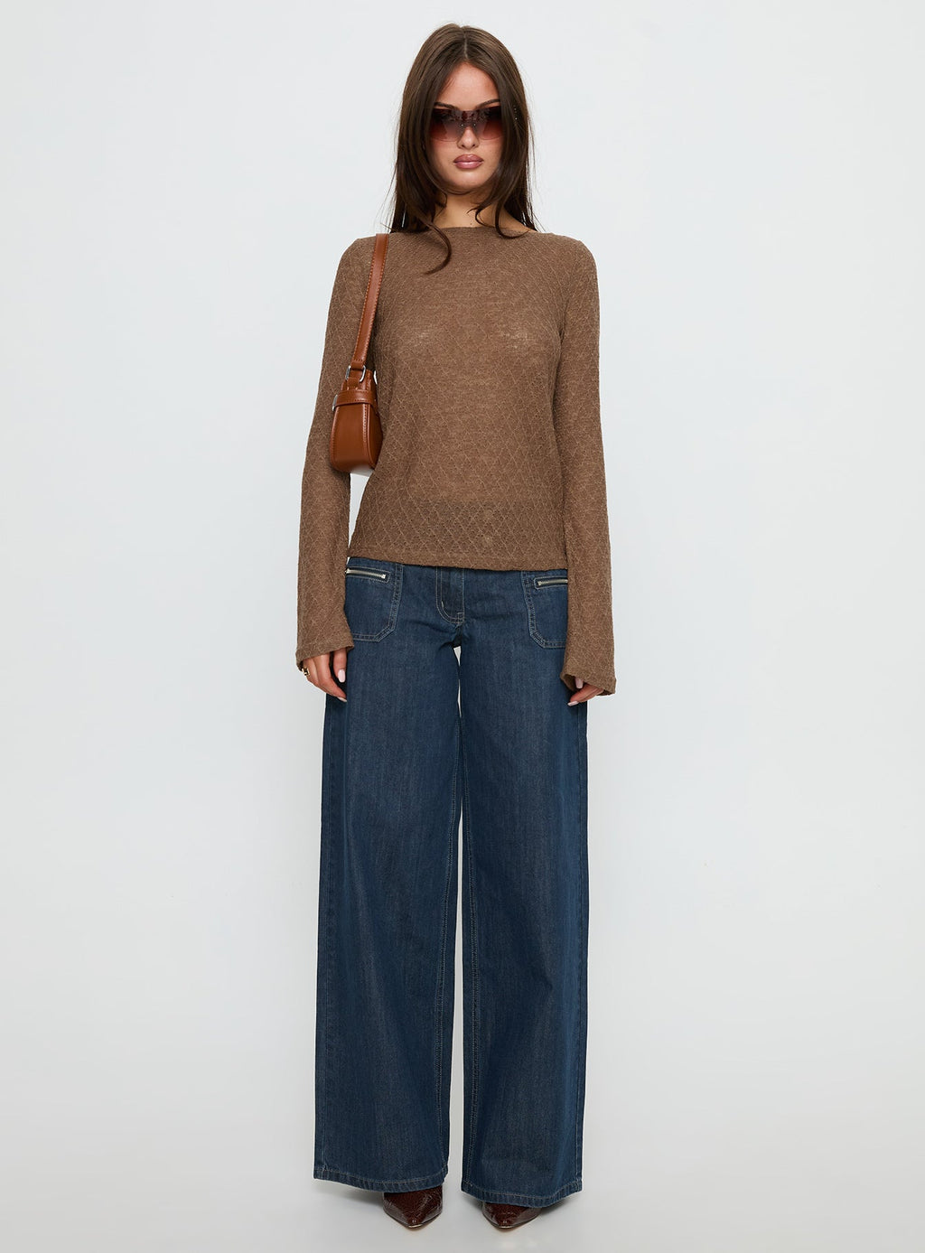 Women's Unwritten Mid Rise Wide Leg Jeans Dark Blue Wash | Jeans in dark blue washed denim with a wide-leg fi 6