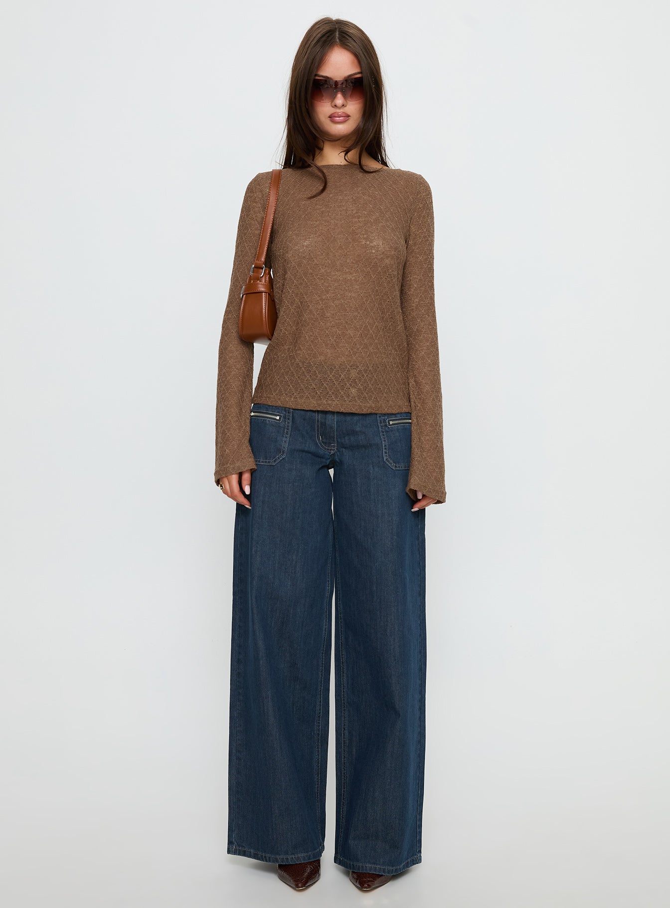 Women's Unwritten Mid Rise Wide Leg Jeans Dark Blue Wash | Jeans in dark blue washed denim with a wide-leg fi 6