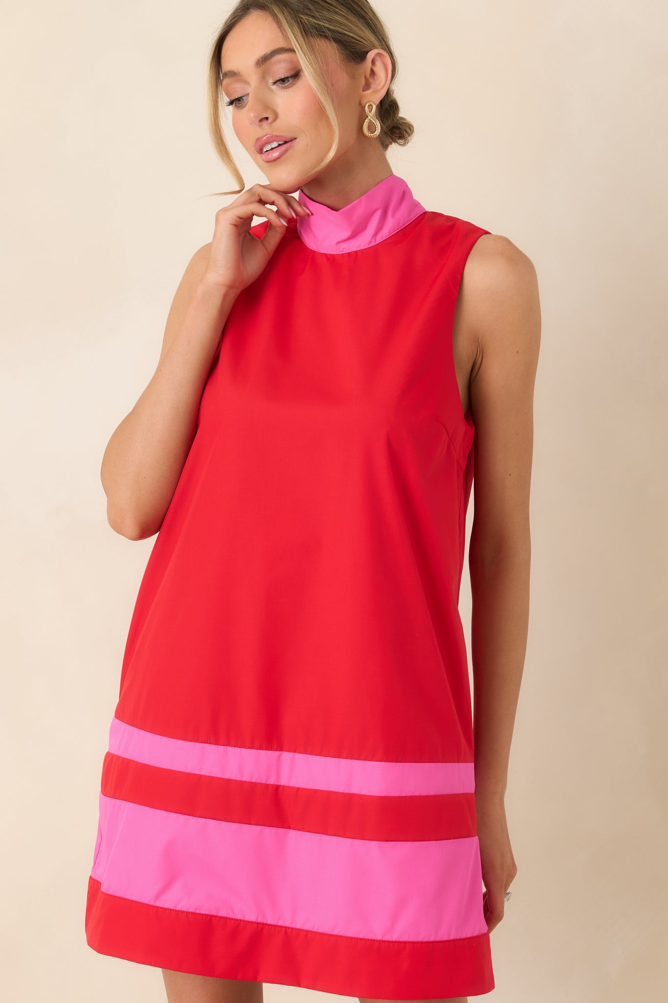 Women's Up to Something Red & Pink Contrast Tie-Back Sleeveless Mini Dress | 65% Polyester & 35% Cotton 0