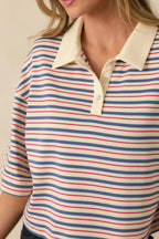 Women's Varsity Charm Blue Multi Stripe Boxy Cotton Polo Top | 95% Cotton & 5% Spandex Contrast: 85% Cotton & 15% 2