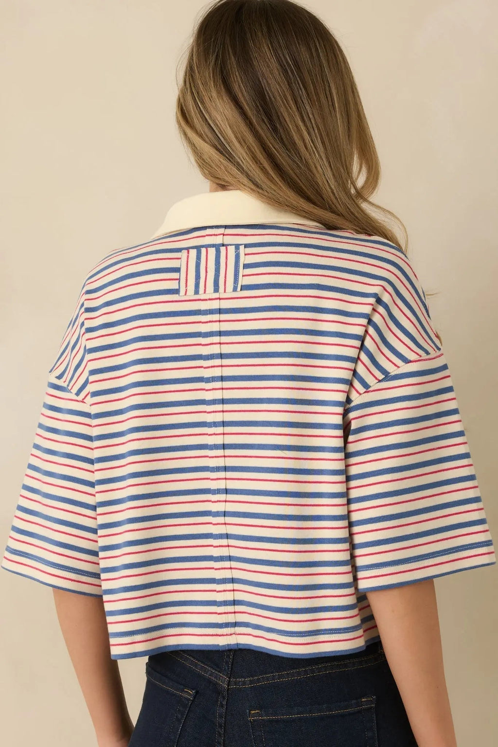 Women's Varsity Charm Blue Multi Stripe Boxy Cotton Polo Top | 95% Cotton & 5% Spandex Contrast: 85% Cotton & 15% 7