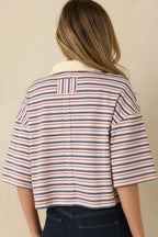 Women's Varsity Charm Blue Multi Stripe Boxy Cotton Polo Top | 95% Cotton & 5% Spandex Contrast: 85% Cotton & 15% 7