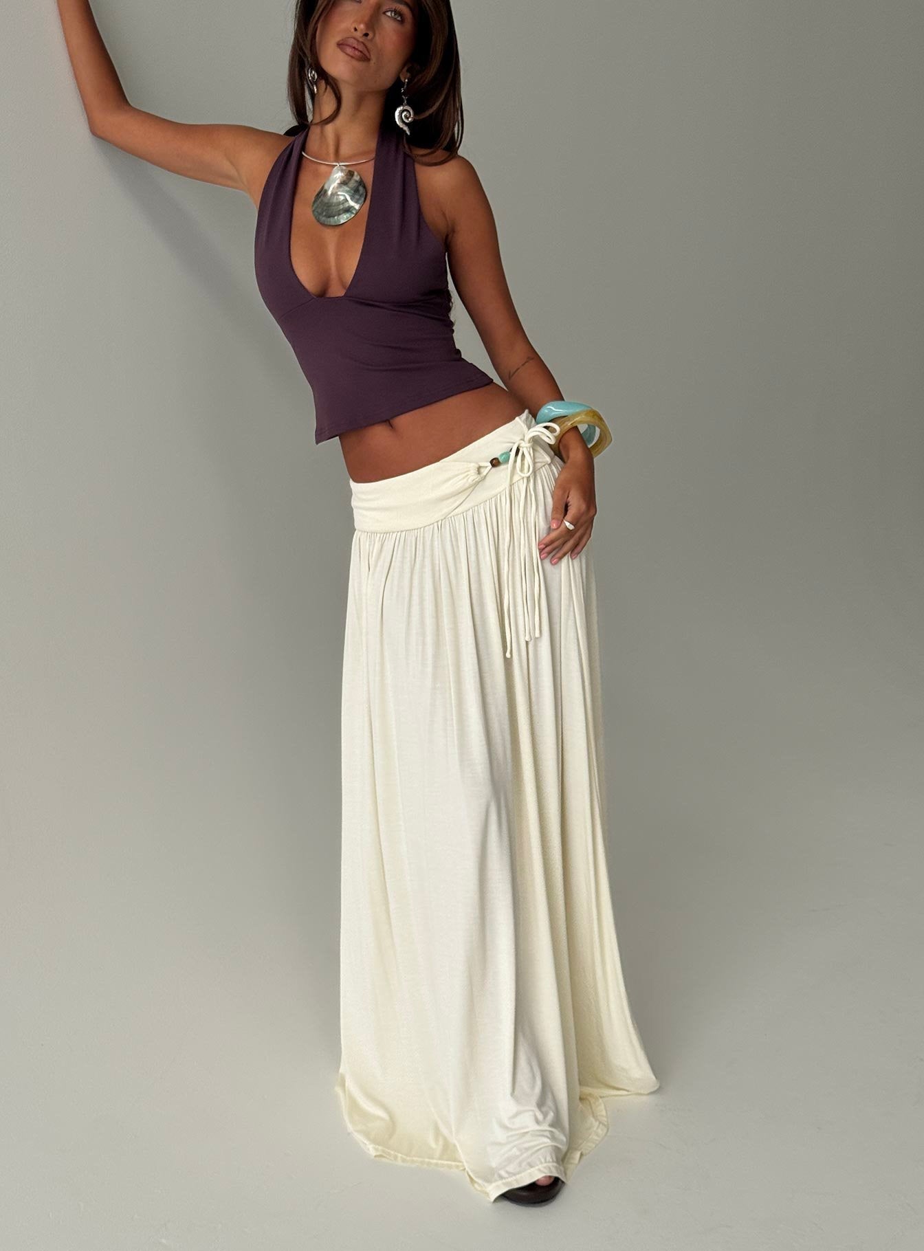 Women's Velvet Storm Tie Detail Flowy Maxi Skirt Cream | Tie-detail flowy maxi skirt 0