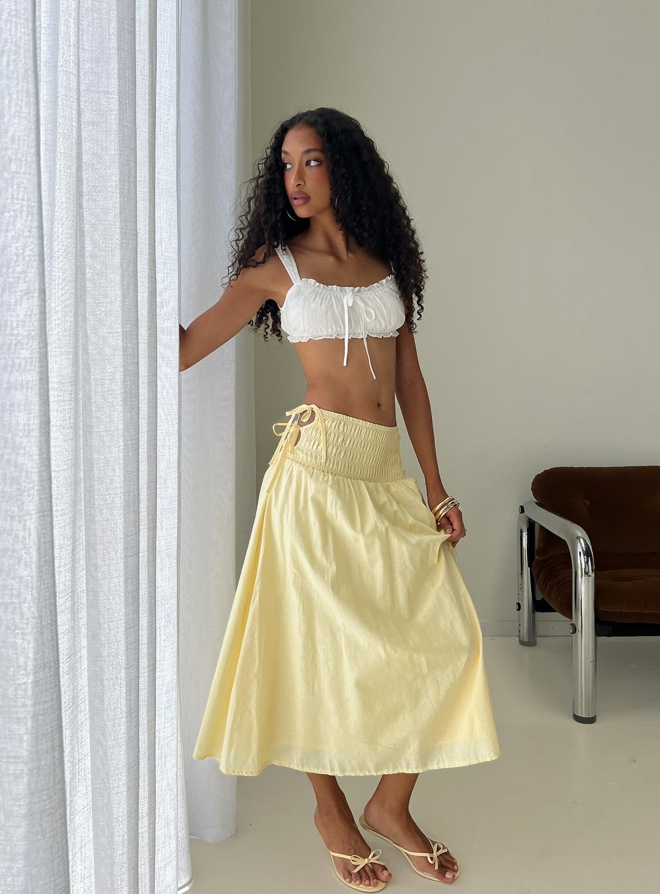 Women's Vence Ruched Maxi Skirt Lemon Yellow | Linen blend ruched maxi skirt 0