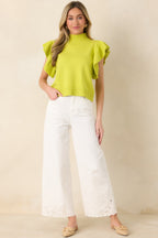 Women's Watch Her Work Chartreuse Green Knit Flutter Sleeve Top | 60% Cotton & 40% Acrylic 0